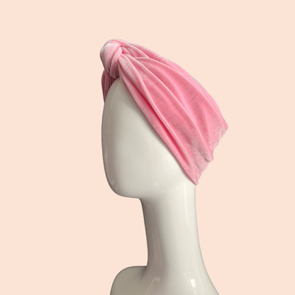 Pink stretch velvet knotted turban headband 