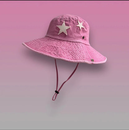 Pink Washed Denim Star Bucket Hat