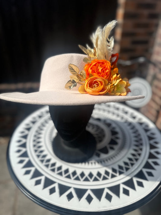 Orange dried flower beige hat