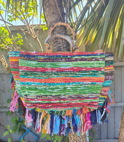 Frill sari beach tote shopper with bamboo handles 