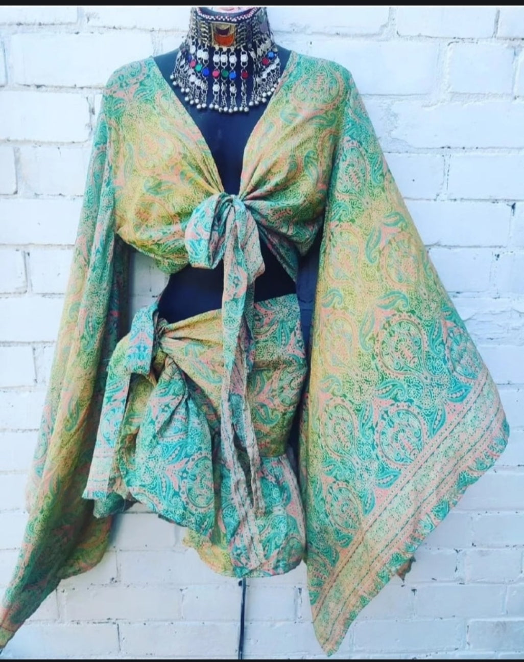 TULUM co ord set green peach - frill skirt 