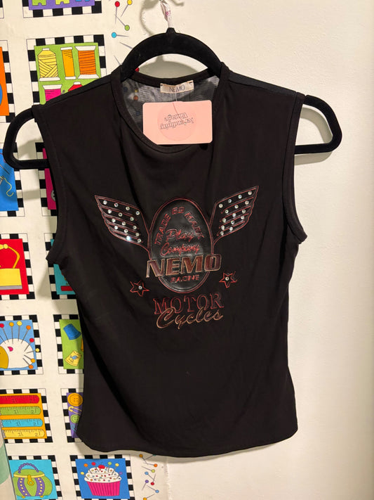 Black sleeveless top with graphic on 