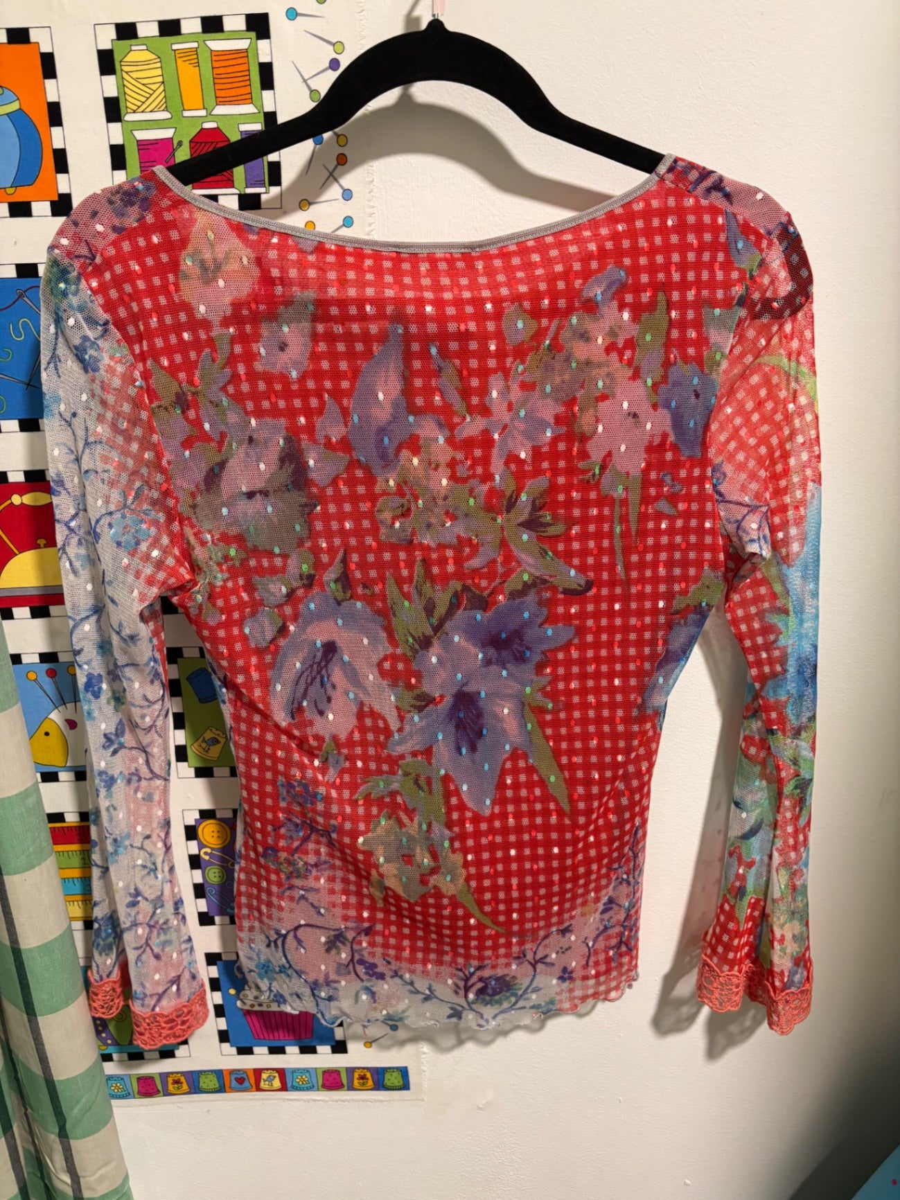 Multi coloured long sleeve mesh top