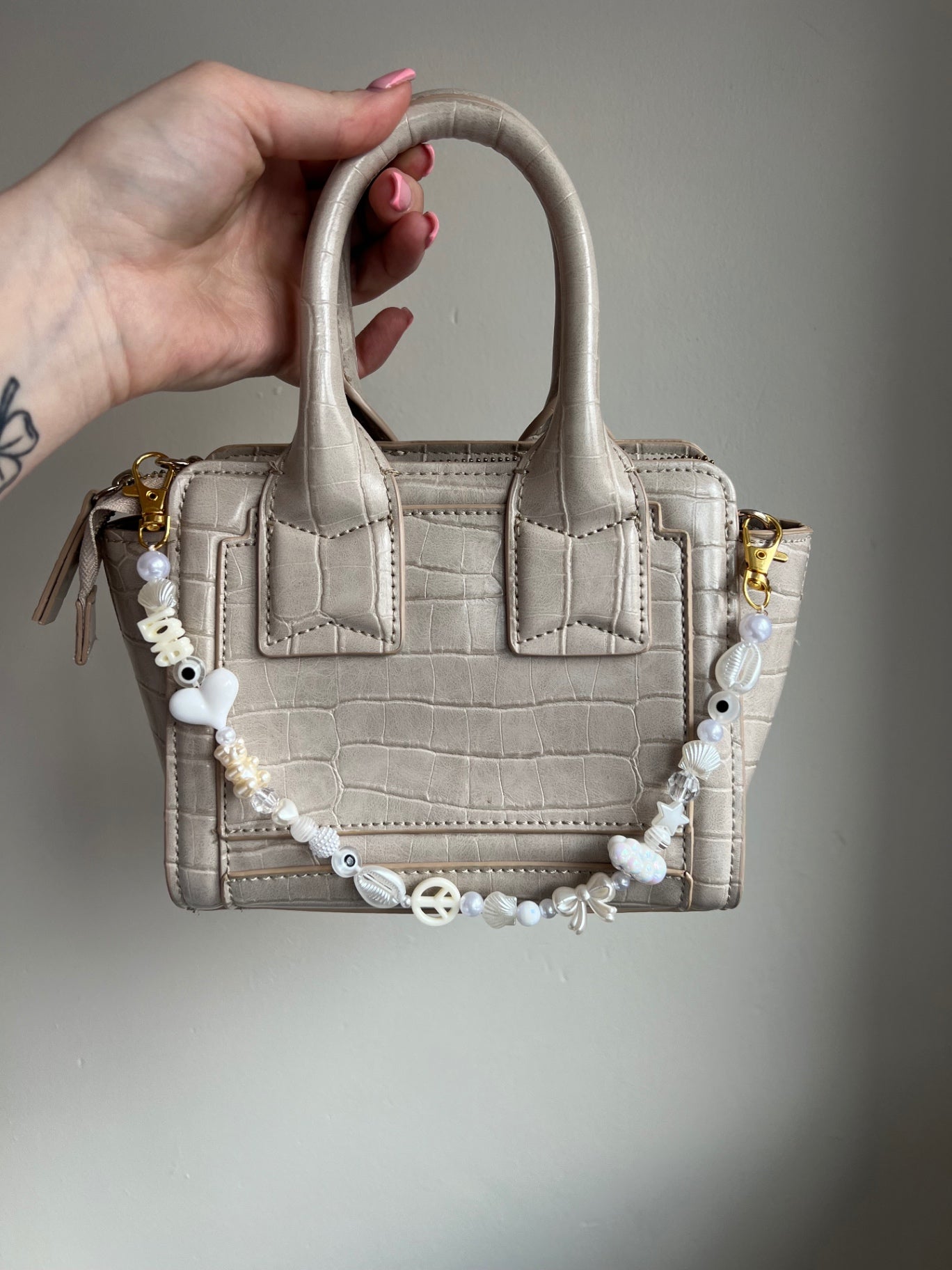 White Dream bag charm - gold hooks 