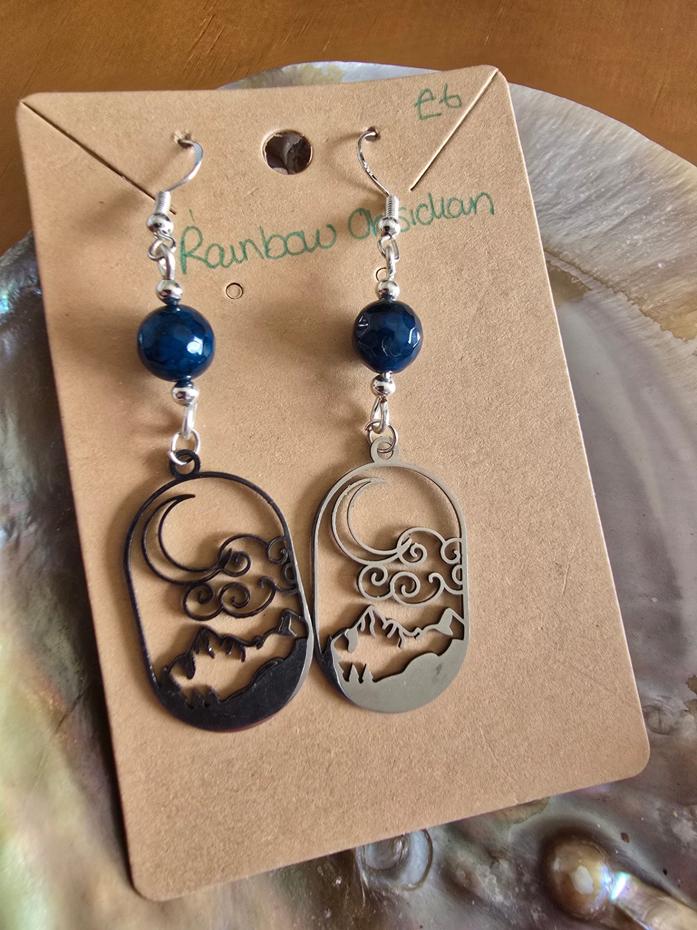 Blue dyed agate moon and mountain earrings 