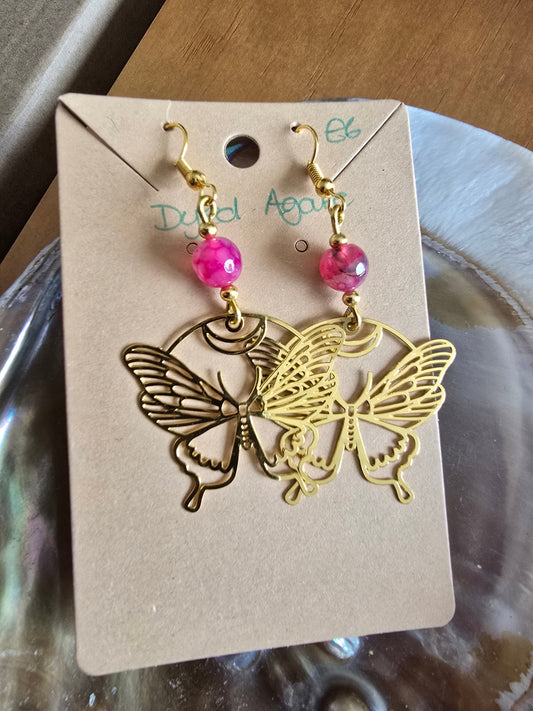 Pink dyed agate butterfly earrings 