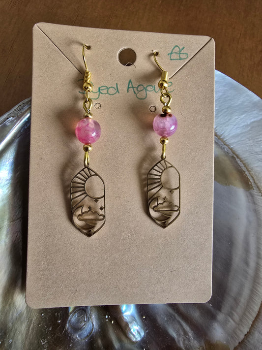 Dyed pink agate moon/sun earrings 