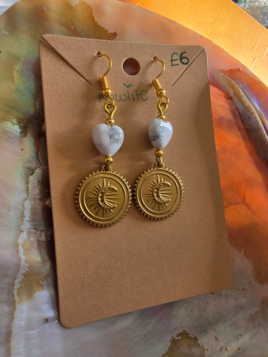 Howlite heart and moon earrings 