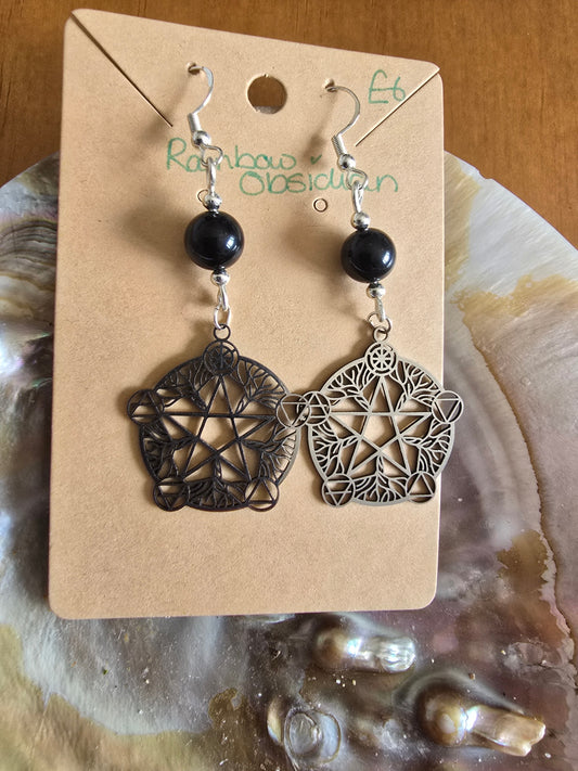 Rainbow obsidian pentacle earrings 
