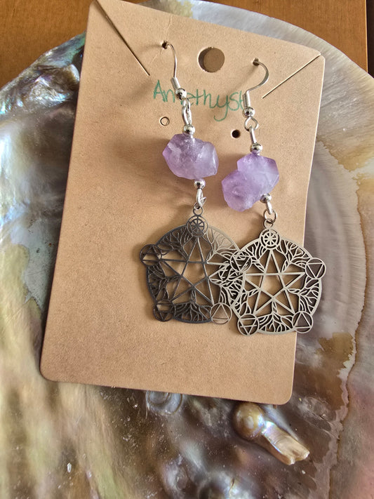 Raw amethyst pentacle earrings 