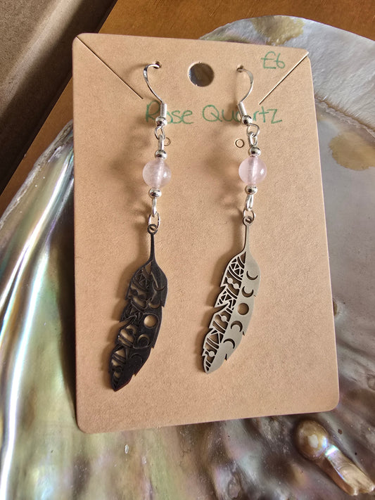 Rose quartz feather earrings