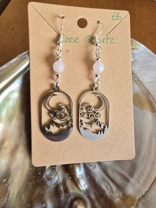 Rose quartz moon and mountain earrings 