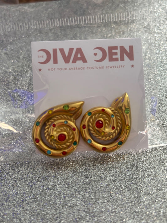 Gold swirl earrings With multi rhinestones 