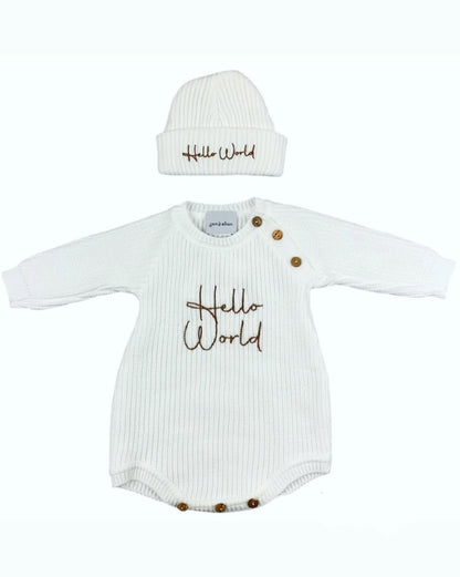 0-3m White Hello World Romper And Matching Hat