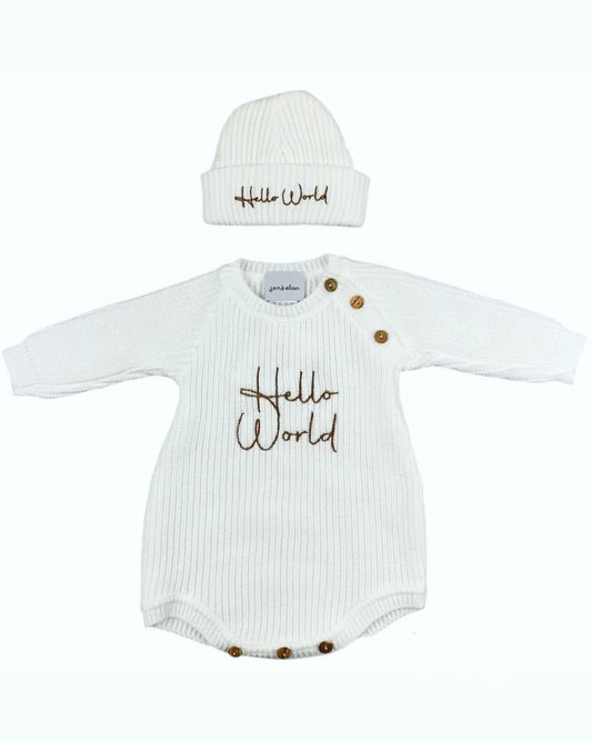 0-3m White Hello World Romper And Matching Hat