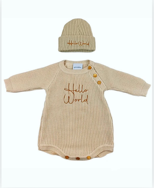 0-3m Beige Hello World Romper With Matching Hat