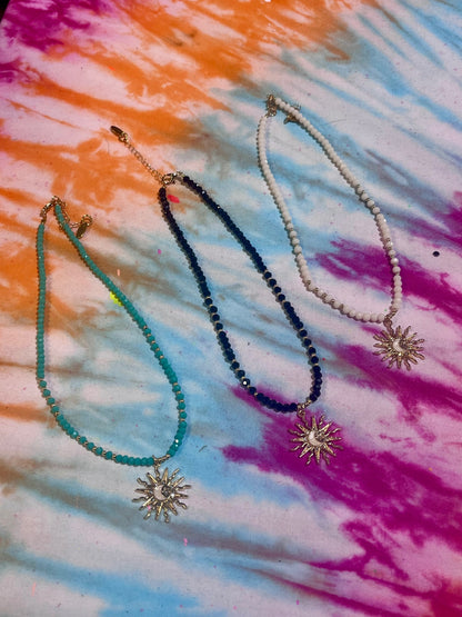 Crystal Sun Charm Necklace Blue