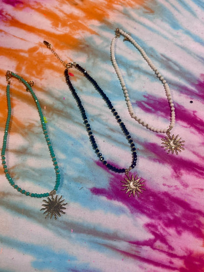 Crystal Sun Charm Necklace Blue