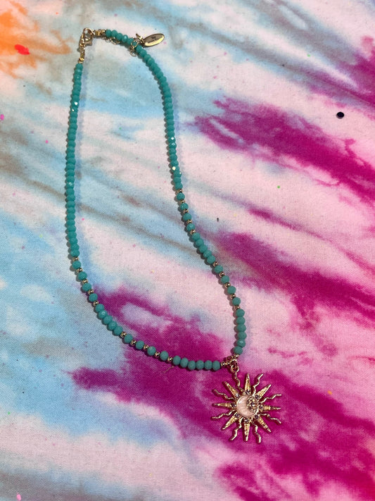 Crystal Sun Charm Necklace Blue
