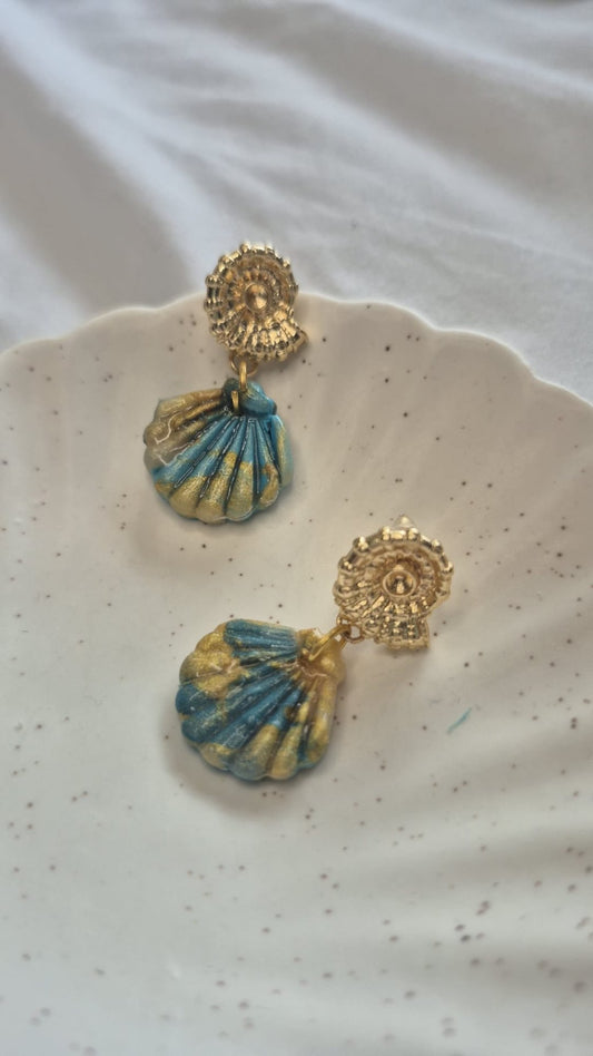 Teal and Gold Seashell Earrings