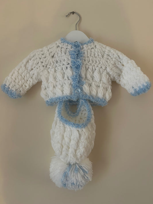 0-3m White With Blue Trim Knitted Cardigan With Matching Hat