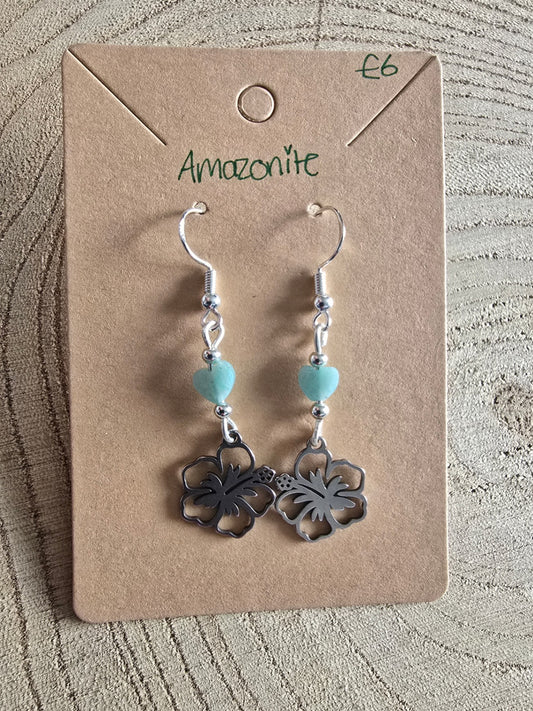 Amazonite heart and hibiscus earrings 