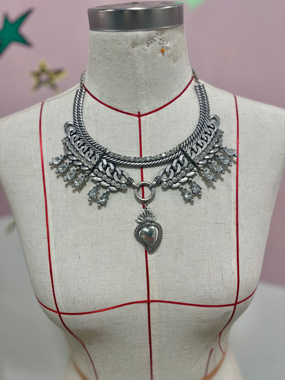 Sacred Heart Crystal Collar Necklace Silver 