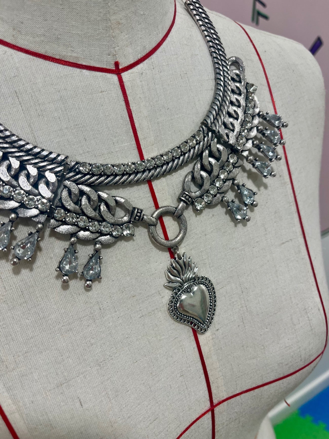 Sacred Heart Crystal Collar Necklace Silver 
