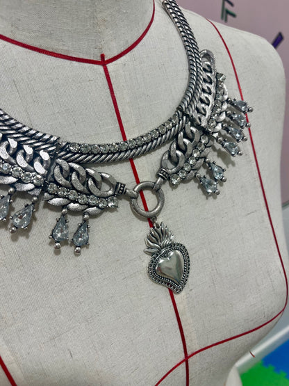 Sacred Heart Crystal Collar Necklace Silver 