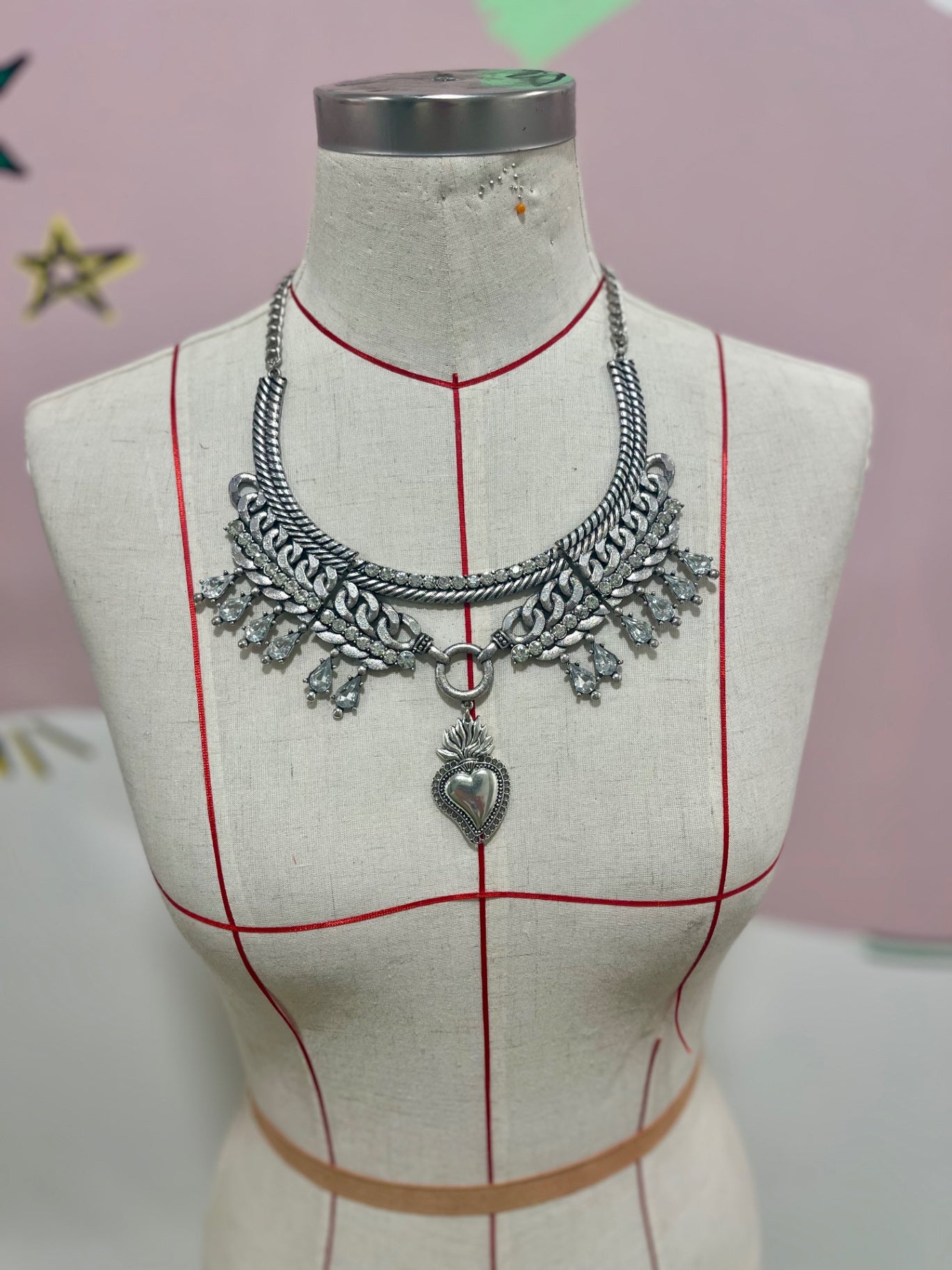 Sacred Heart Crystal Collar Necklace Silver 