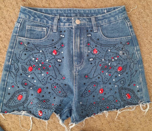 Black & Red Gem Denim Shorts UK 10