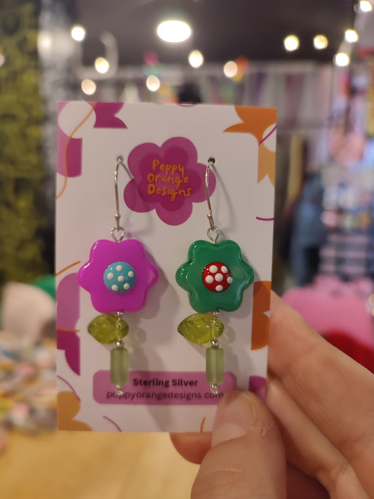 Green pink dangle flower earrings