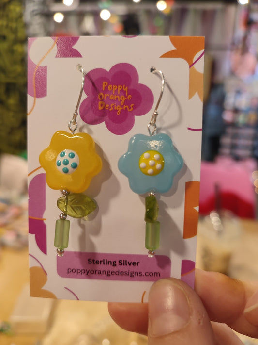 Blue yellow dangle flower earrings