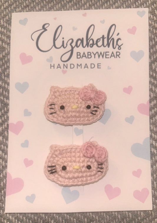 Handmade Crocheted  Pink Hello Kitty Inspired Hairclips