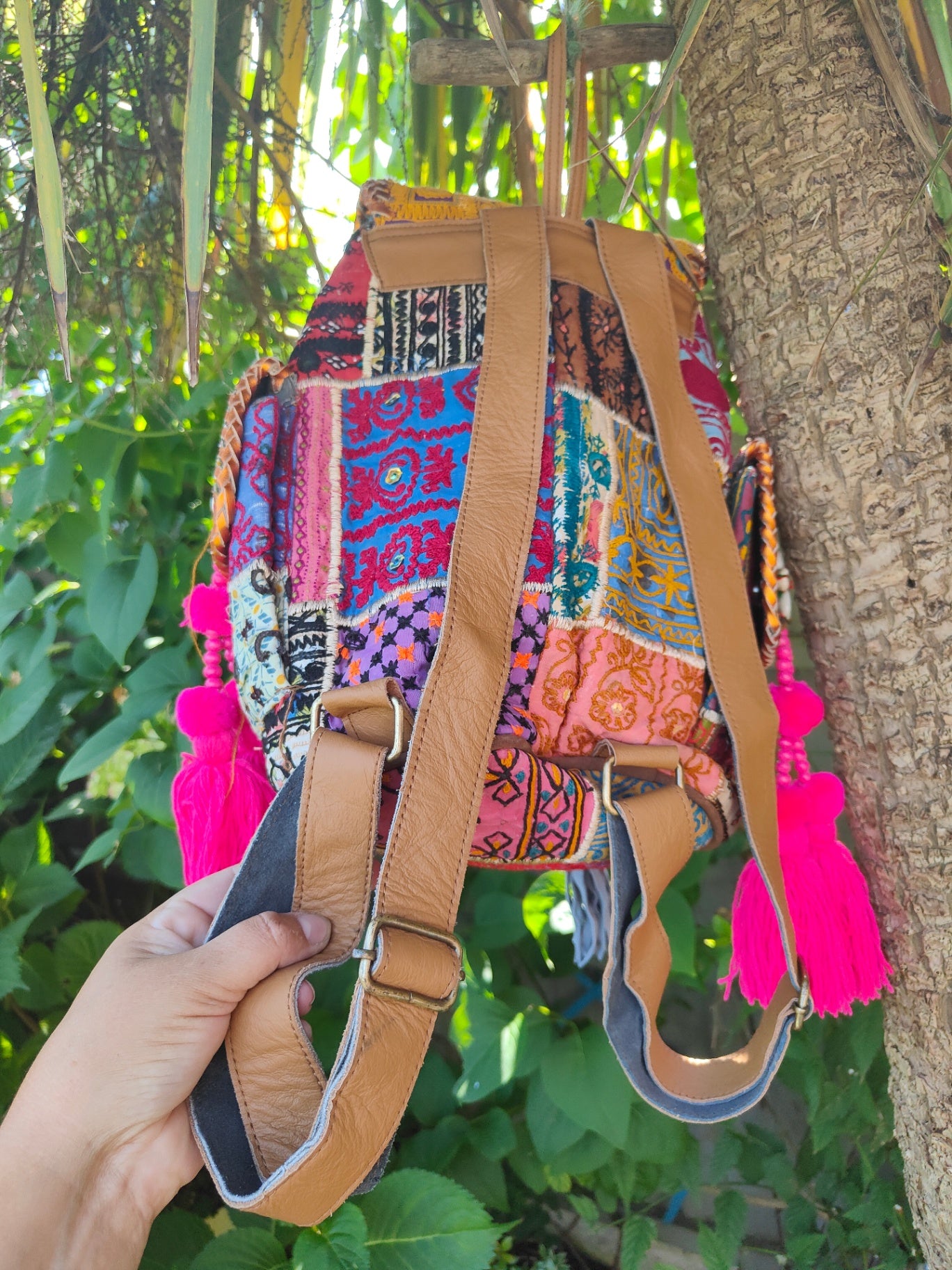 Skiathos back pack tan straps gold edging 