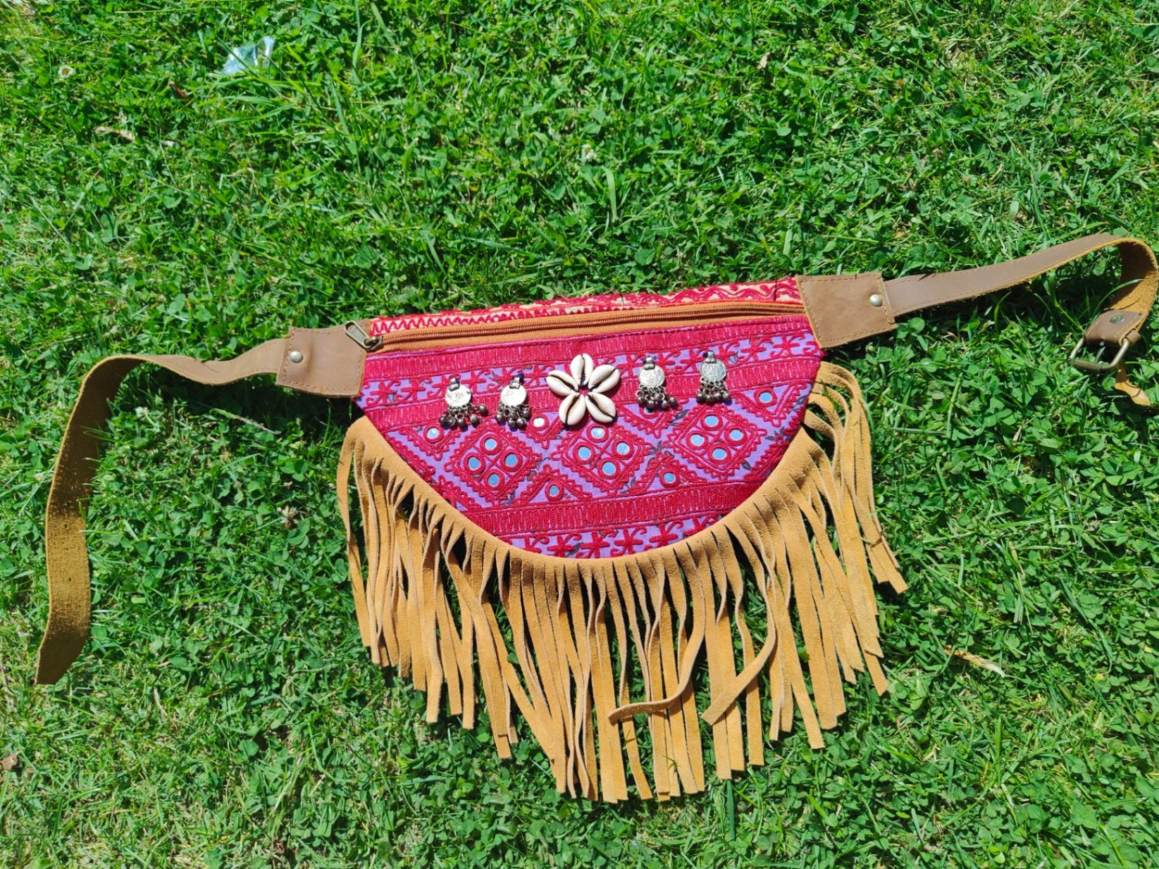 Fabric bum bag - tan fringes pink 