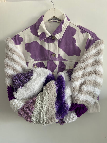 White and Purple knit Sleeve cropped Jean Jacket