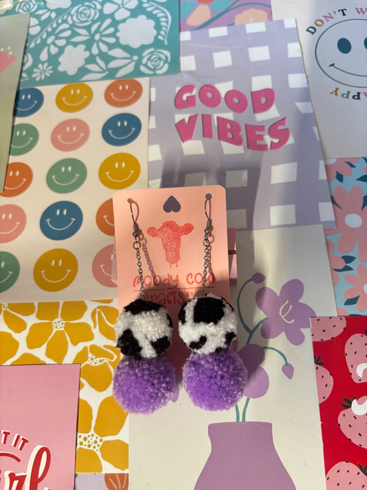Purple cow print Pom Pom Stack Earrings