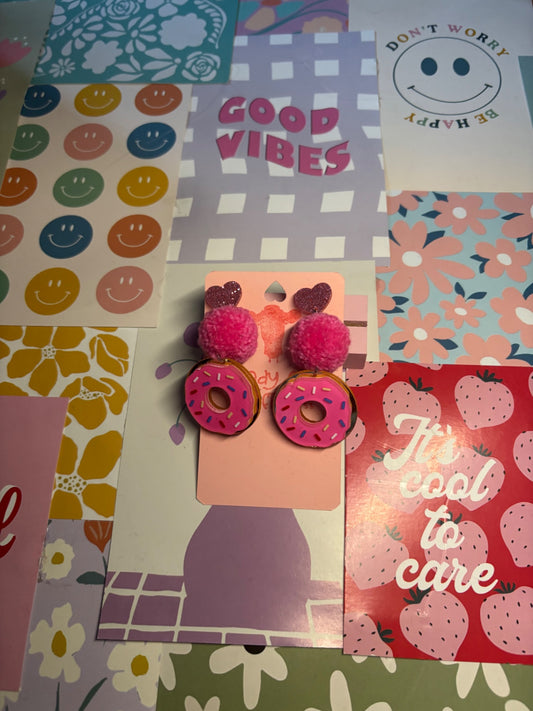 Pink Doughnut Pom Pom Stack Earrings