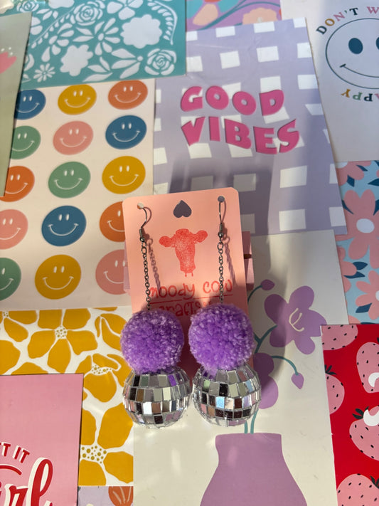 Purple Disco Pom Pom Stack Earrings