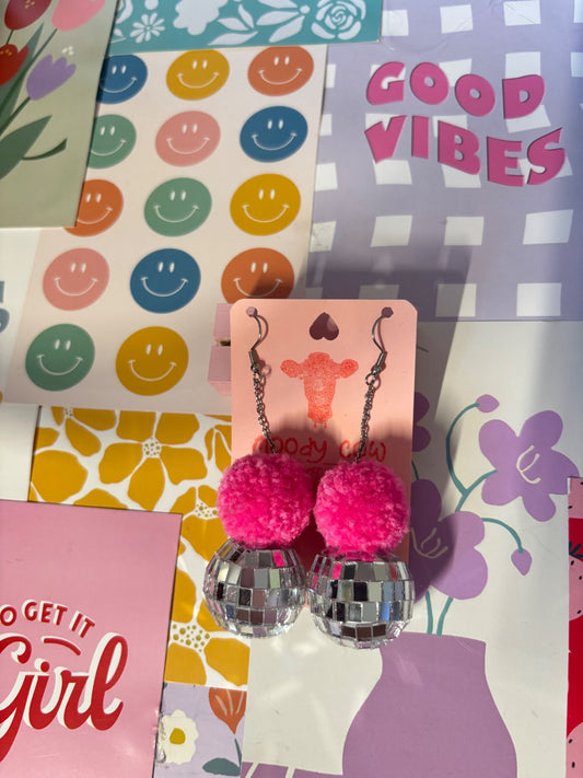 Pink Disco Pom Pom Stack Earrings