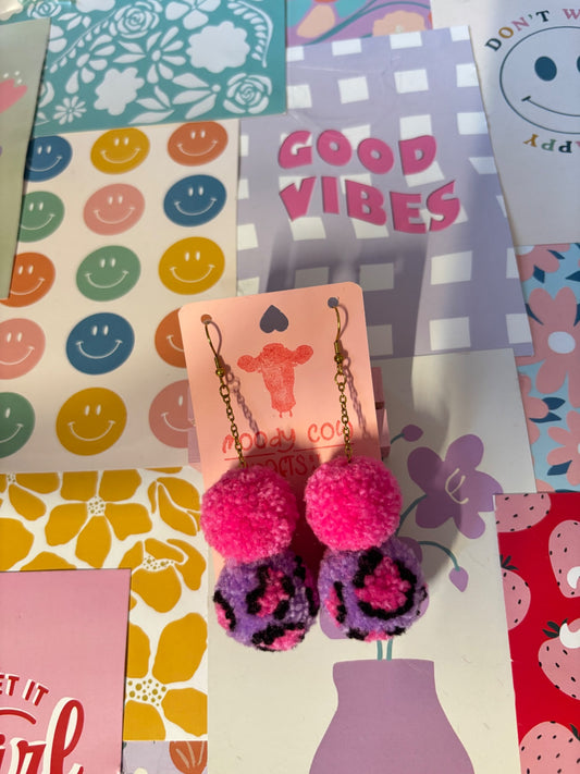 Pink/Purple Leopard Pom Pom Stack Earrings