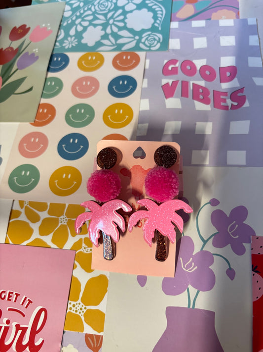 Pink Palm Pom Pom Stack Earrings