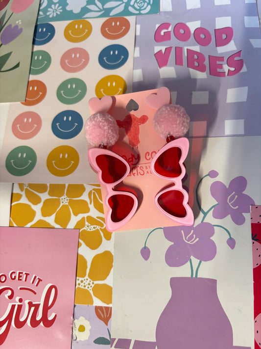 Pink Heart Sunglasses Pom Pom Stack Earrings