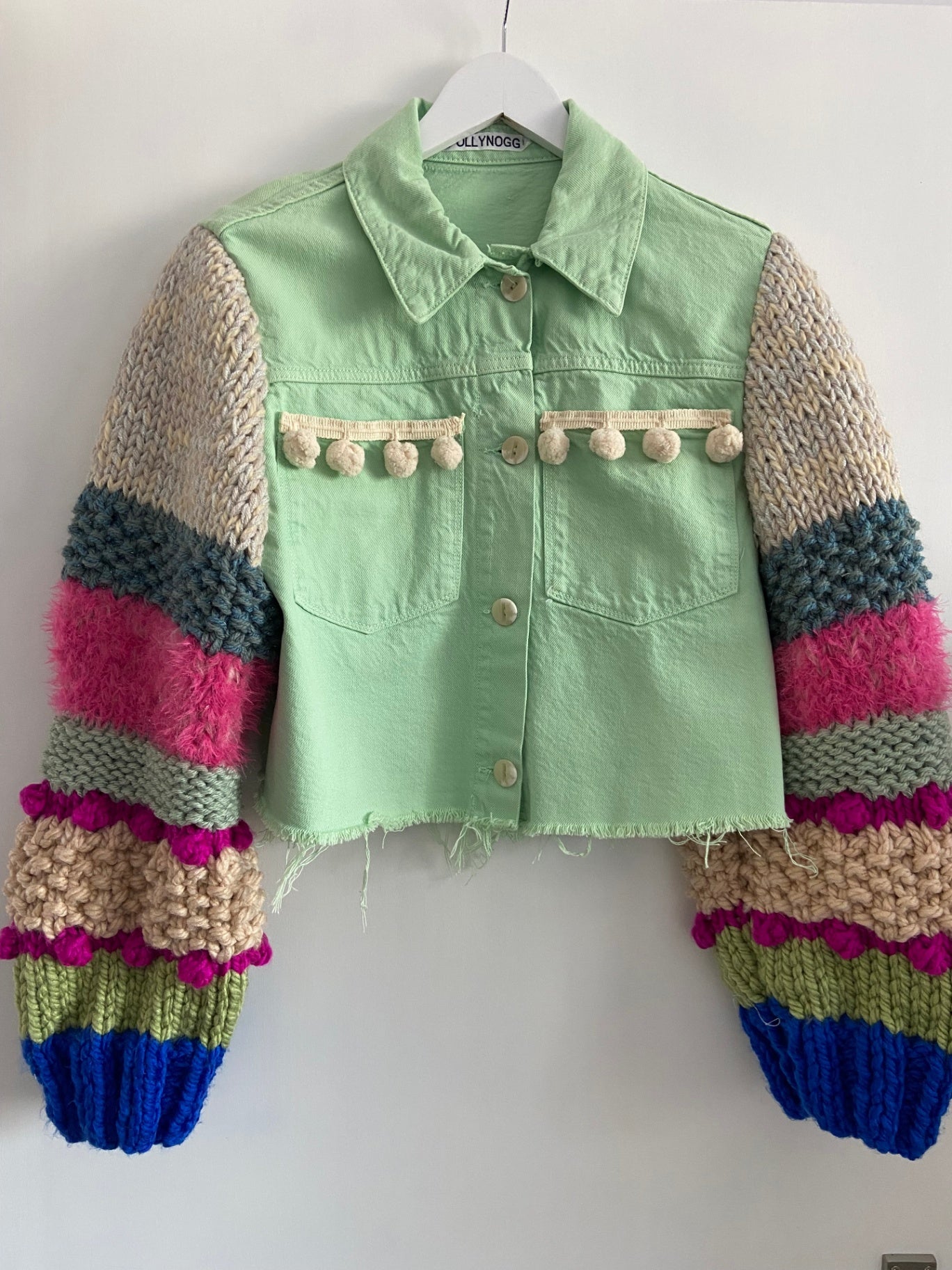 Mint Cropped Jean Jacket with Knitted sleeves