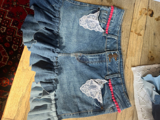 Lace Pocket & Pompom Denim Rara Skirt - UK 14
