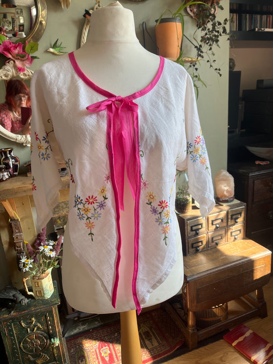Cream & Pink Flowered Poncho - S/M