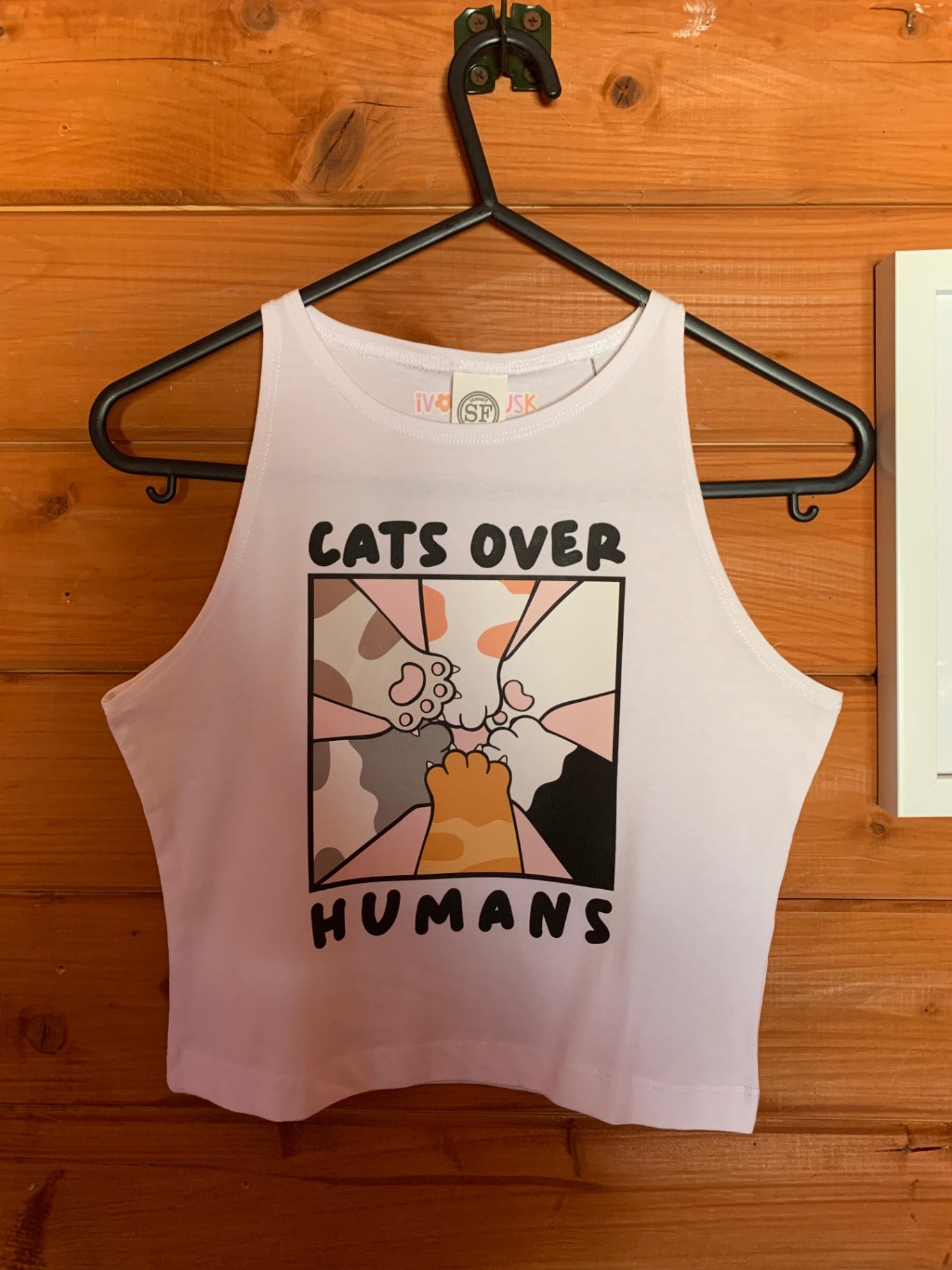 cats over humans cropped vest 