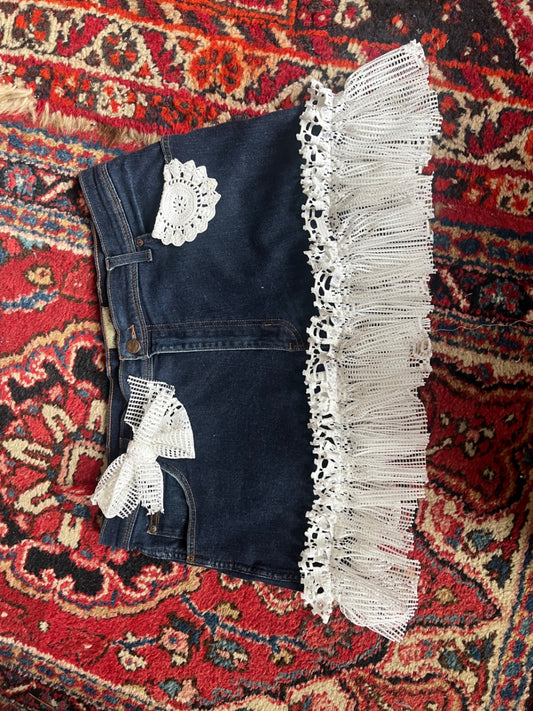 Lace Frill & Bow Dark Denim Skirt