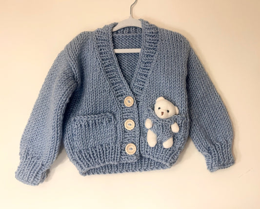9/12m Handmade Blue Cardigan With Toy Teddy